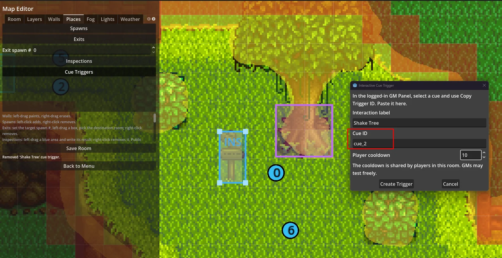 Configuring a purple cue trigger in the Map Editor
