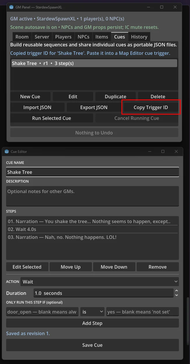 Copy Trigger ID button in the GM cue panel