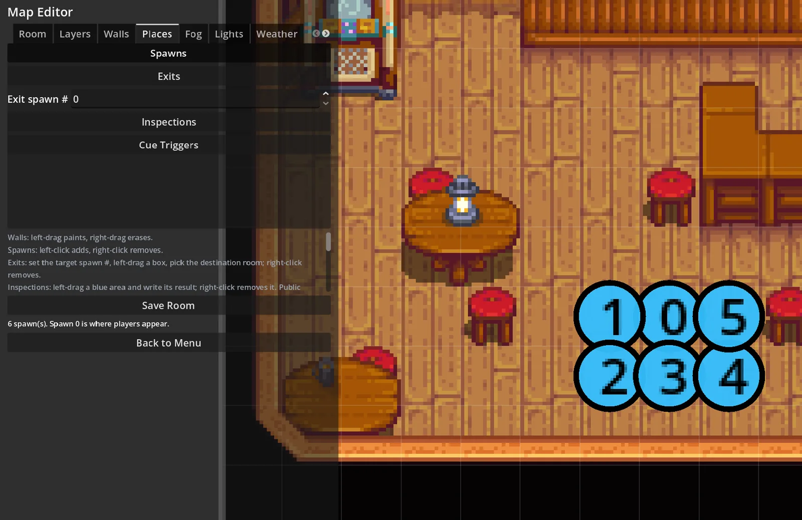 Numbered spawn points placed on a room map